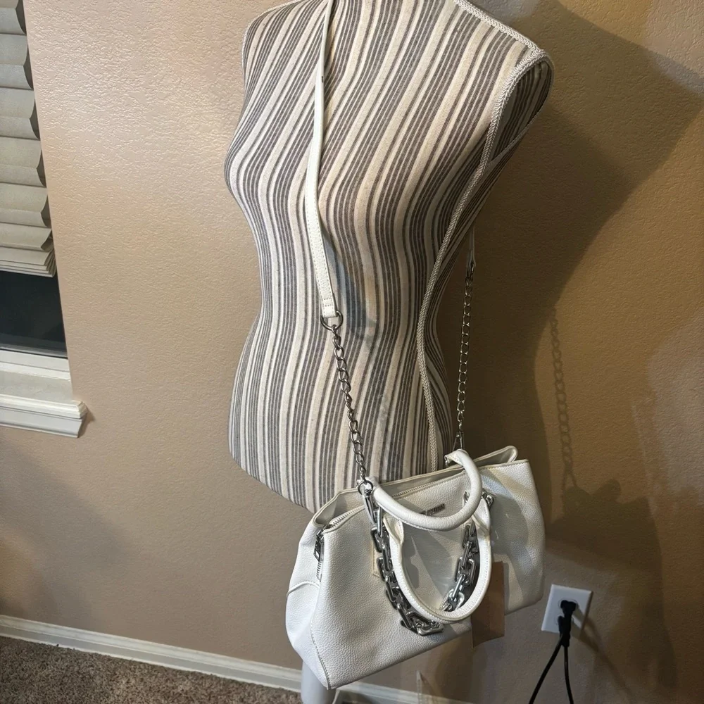 NWT Steve Madden Ivory Satchel/ Crossbody with Silver Chains Vegan Leather New